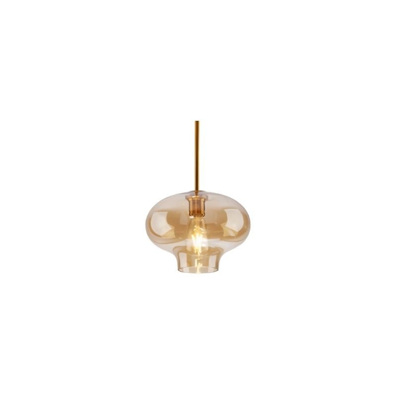 "An amber glass pendant light in a flat onion shape, suspended by a thin rod."