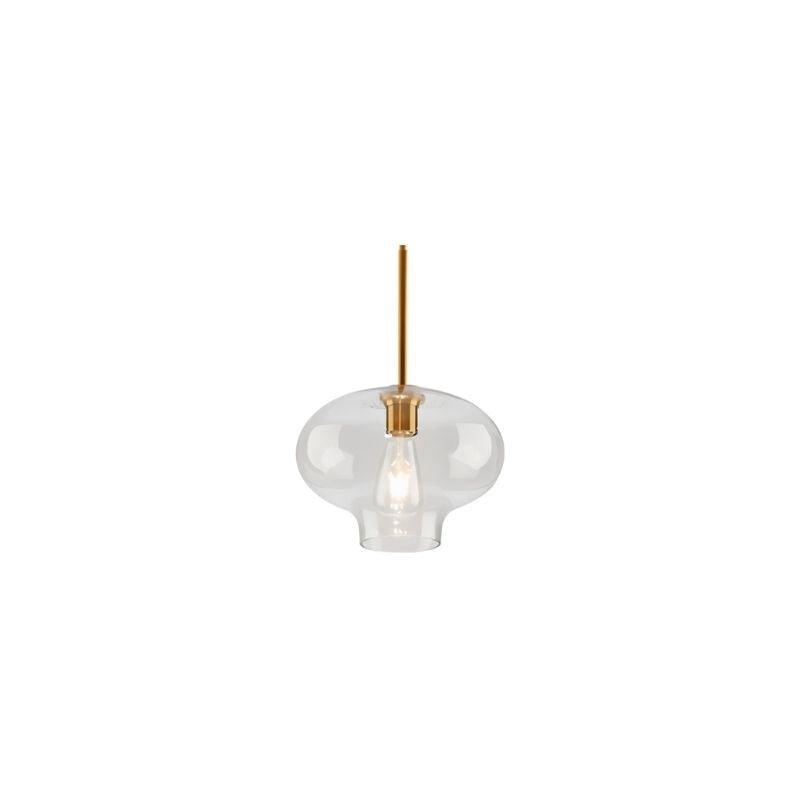 "A clear glass pendant light in a flat onion shape, suspended by a thin rod."