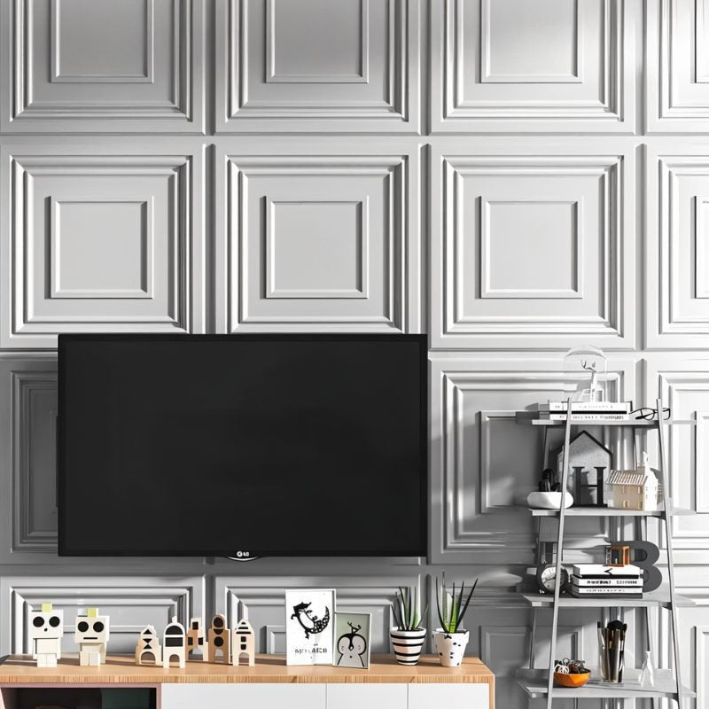 Musna PVC wall panels in a modern living room with mounted TV and shelf, offering a stylish and easy DIY wall upgrade solution.