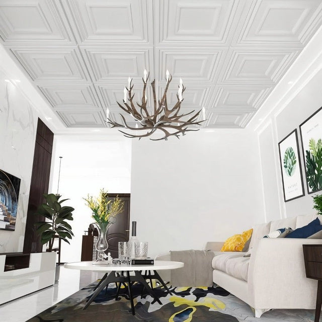 Musna PVC wall panels installed on the ceiling of a contemporary living room, showcasing elegant and durable interior decor.