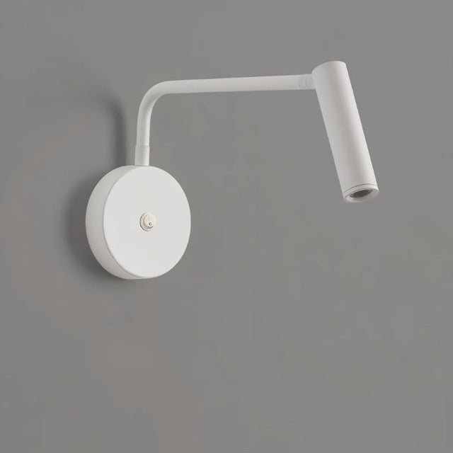 "A white wall lamp with a pivoting arm and cylindrical head, shown against a gray background."