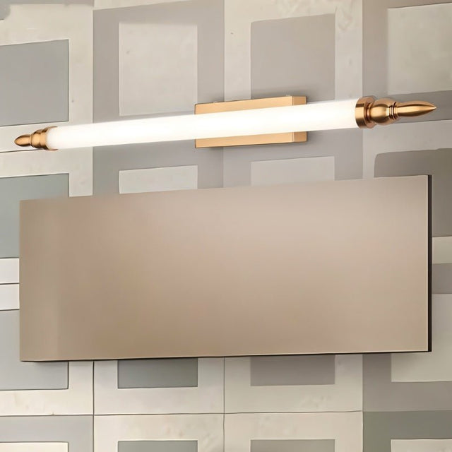 "A vintage-inspired LED wall lamp mounted above a bathroom mirror with a tiled wall."