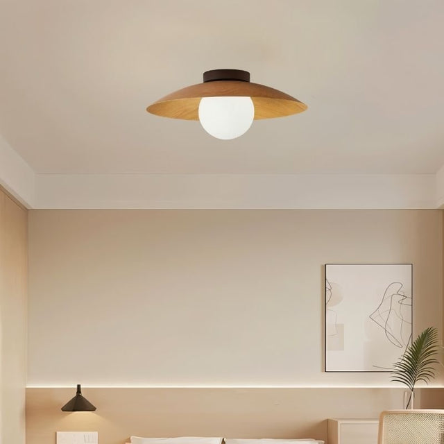 "wood and frosted glass ceiling light in bedroom, cozy ambient lighting, minimalist modern decor"