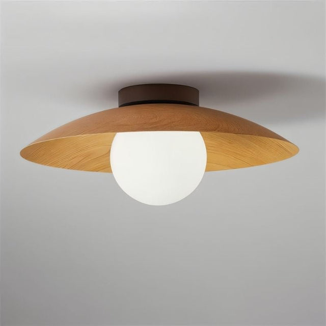 "close-up of wooden ceiling light, frosted glass globe, smooth finish, minimalist lighting design"