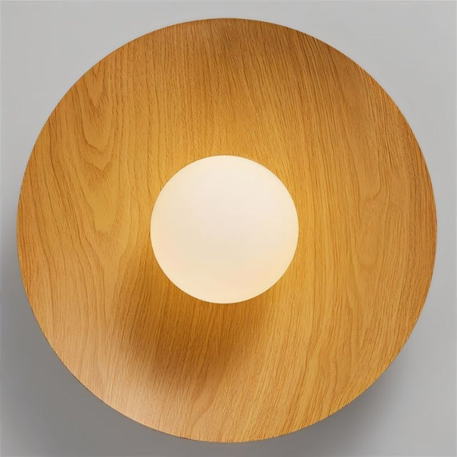 "wooden ceiling light with frosted glass globe, detailed dimensions, 13.7 inches width, 6.7 inches height"