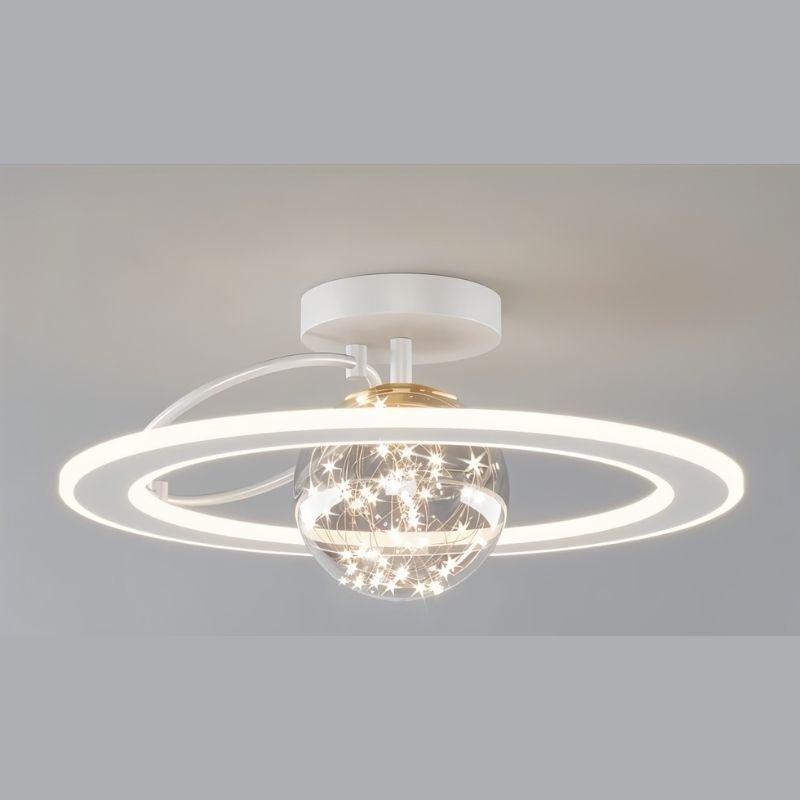"A white ceiling light with two rings and a central glass sphere with fairy lights, shown against a light gray background."