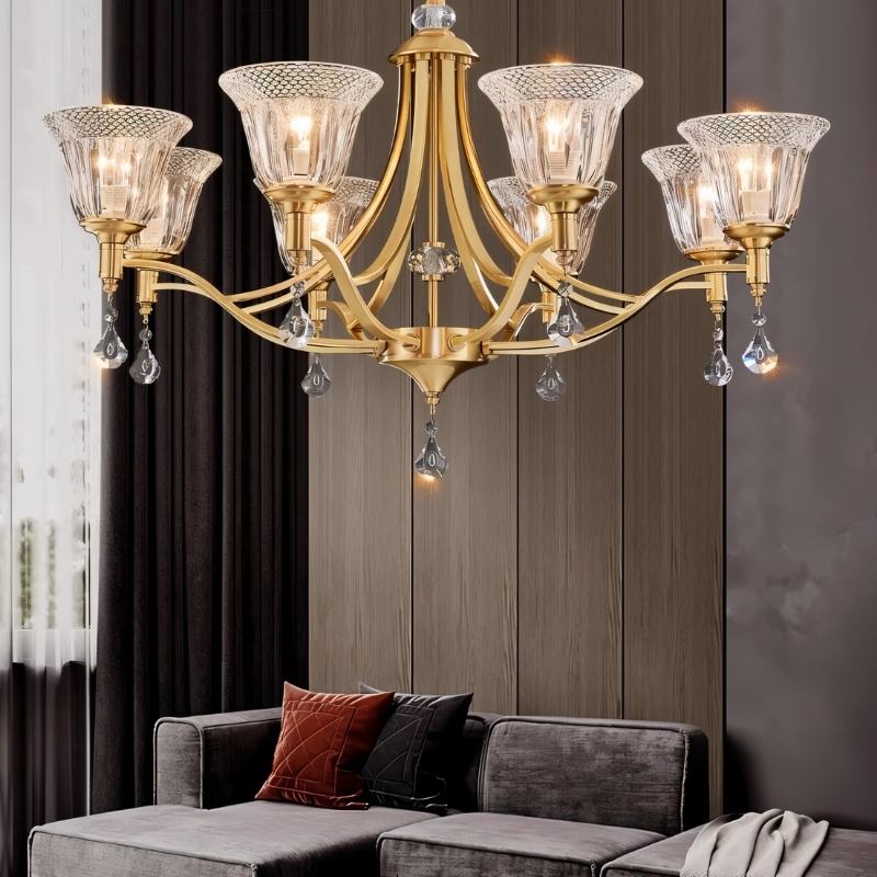 "Elegant chandelier with an iron frame, curved arms, glass shades, and crystal accents hangs in a classic living room, creating a timeless statement piece."