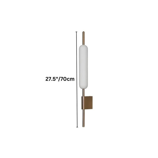 "Dimensions of a modern wall lamp with a cylindrical glass diffuser and an iron frame."