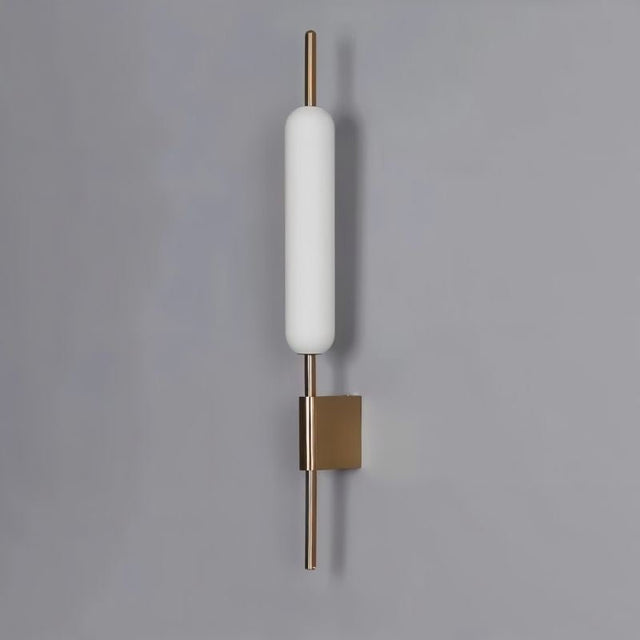 "Modern minimalist wall lamp with a cylindrical glass diffuser and a sleek iron frame."
