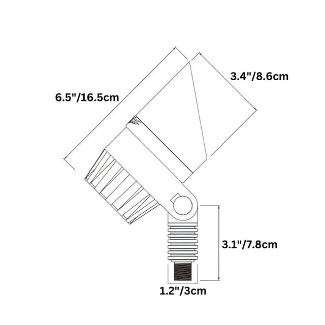 "Diagram showing the dimensions of a die-cast brass outdoor spotlight with adjustable features."