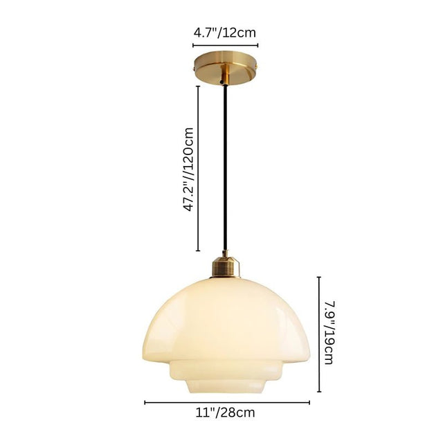 "Size specifications for Niall pendant light, designed in metal and glass with a modern, layered silhouette."