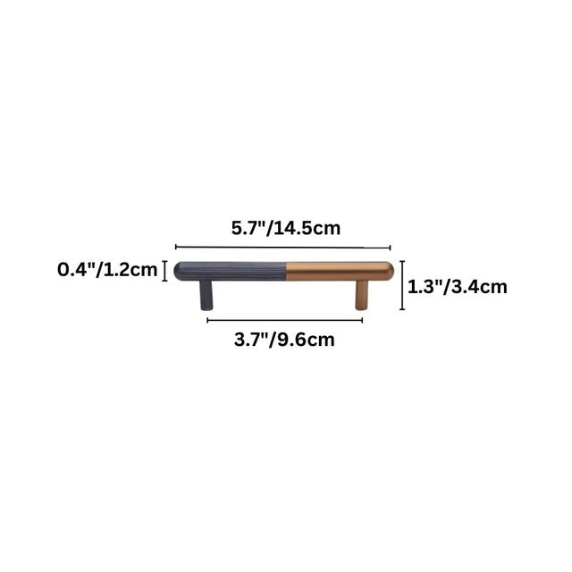 "Dimensions of a minimalist aluminum pull bar handle with a black and grey finish, shown with measurements in inches and centimeters."