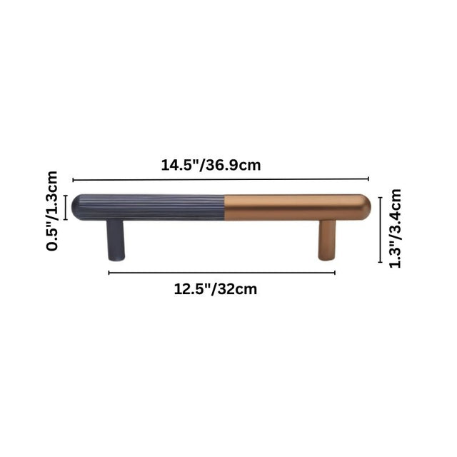 "Dimensions of a minimalist aluminum pull bar handle with a copper and black finish, shown with measurements in inches and centimeters."