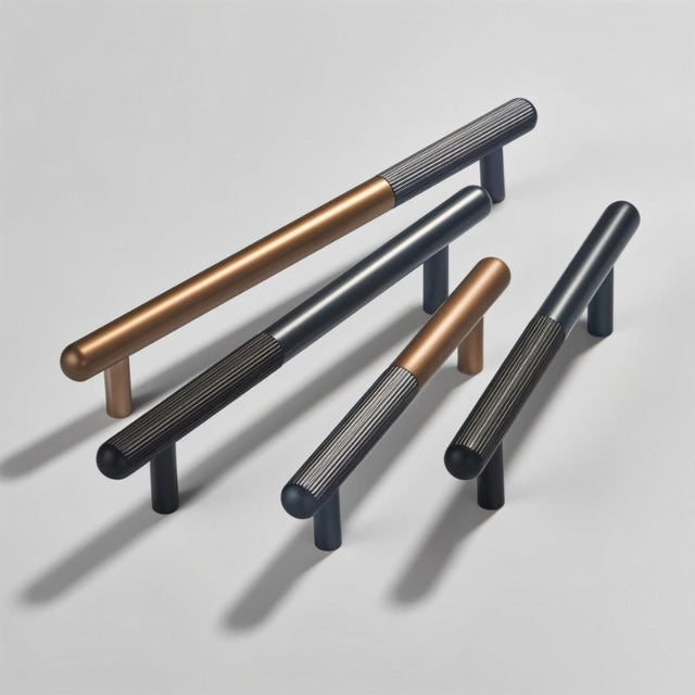 "A set of minimalist aluminum pull bars with a sleek cylindrical design and refined finishes."