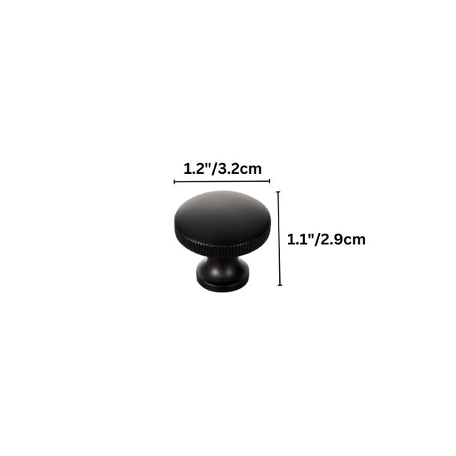 "Dimensions of a black aluminum knob: 1.2 inches (3.2 cm) in diameter and 1.1 inches (2.9 cm) in height."