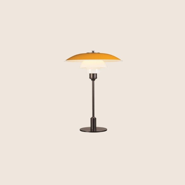 "Nisra Table Lamp with a vibrant yellow top shade and frosted glass diffuser, crafted from aluminum, iron, and glass for soft, ambient lighting in a minimalist design."