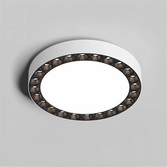 "A close-up of the Nival ceiling light showcasing its intricate pattern around the edges, made from durable acrylic and aluminum, offering a sophisticated, modern look for contemporary interiors."