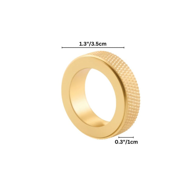"A gold brass cylindrical knob with a knurled texture, shown with dimensions."