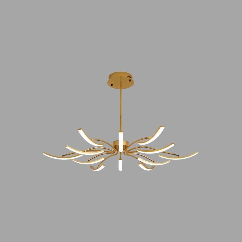 "A gold chandelier with twelve curved branches, each tipped with a white light, and a central white light, against a gray background."