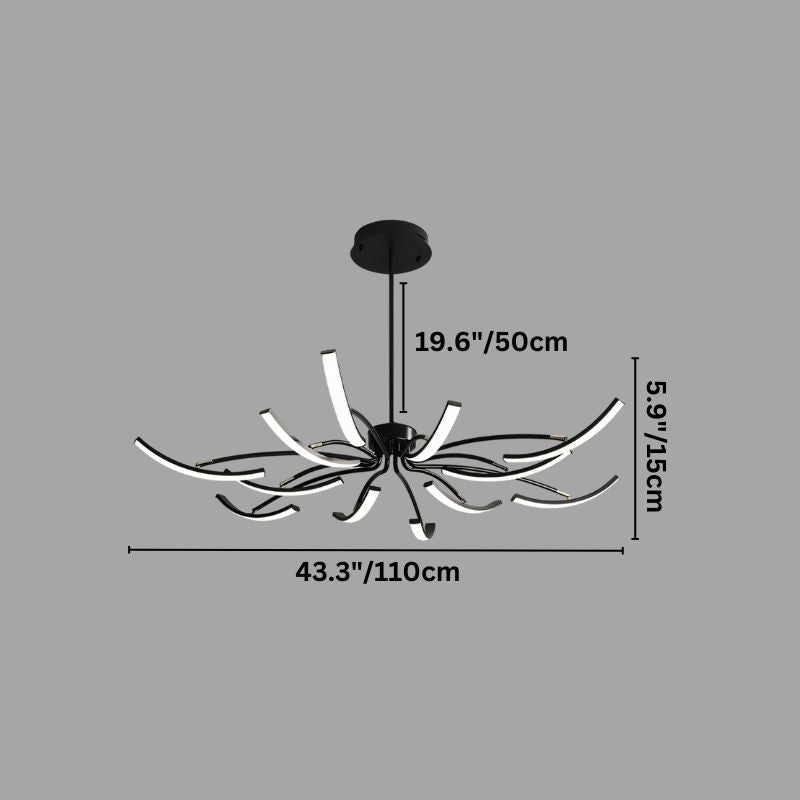 "A modern black chandelier with twelve curved branches, each tipped with a white light, shown against a gray background with dimension measurements."