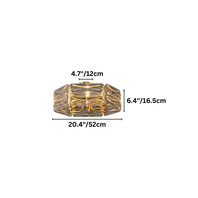 "A modern flush mount ceiling light with a geometric glass shade, showing dimensions of 20.4 inches in width, 6.4 inches in height, and 4.7 inches in shade height."