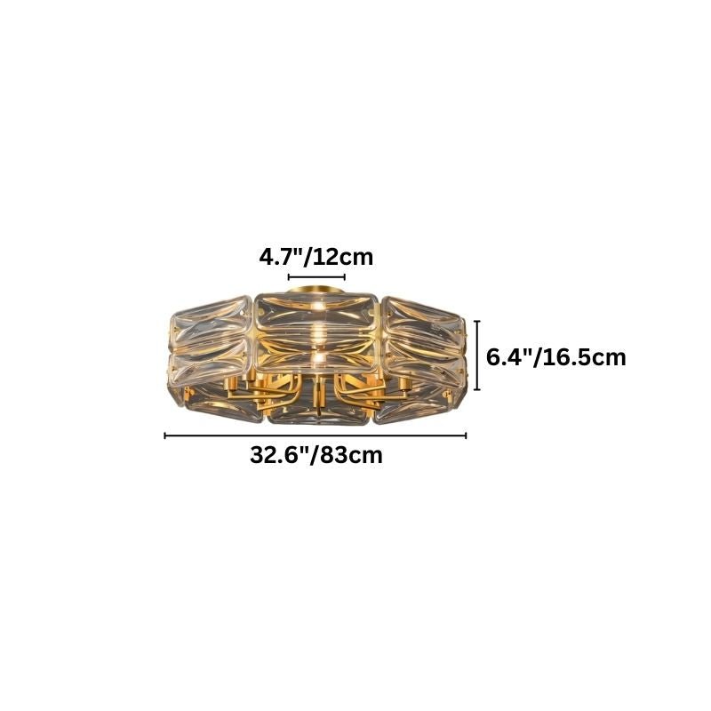 "A modern flush mount ceiling light with a geometric glass shade, showing dimensions of 32.6 inches in width, 6.4 inches in height, and 4.7 inches in shade height."