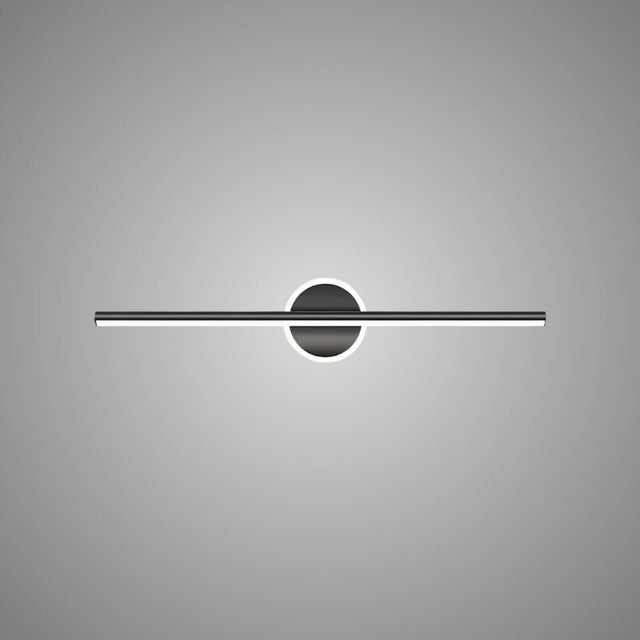 "A modern black wall lamp with a cylindrical bar intersecting a circular base, showcasing its minimalist design, isolated on a light gray background."
