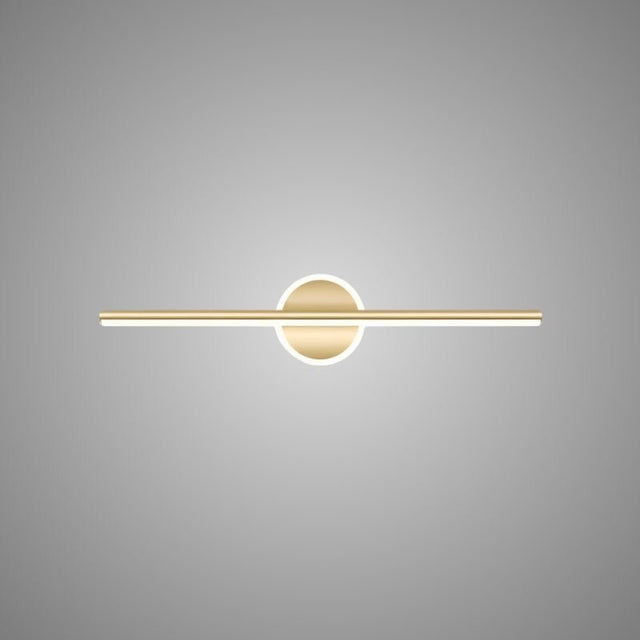 "A modern gold wall lamp with a cylindrical bar intersecting a circular base, showcasing its minimalist design, isolated on a light gray background."