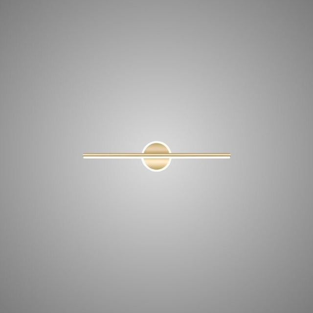 "A modern gold wall lamp with a cylindrical bar intersecting a circular base, showcasing its minimalist design, isolated on a light gray background."
