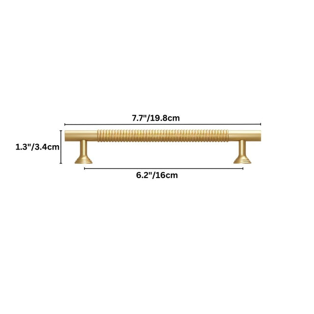 "Dimensions diagram of a solid brass pull bar with a grooved design, showing measurements for installation."