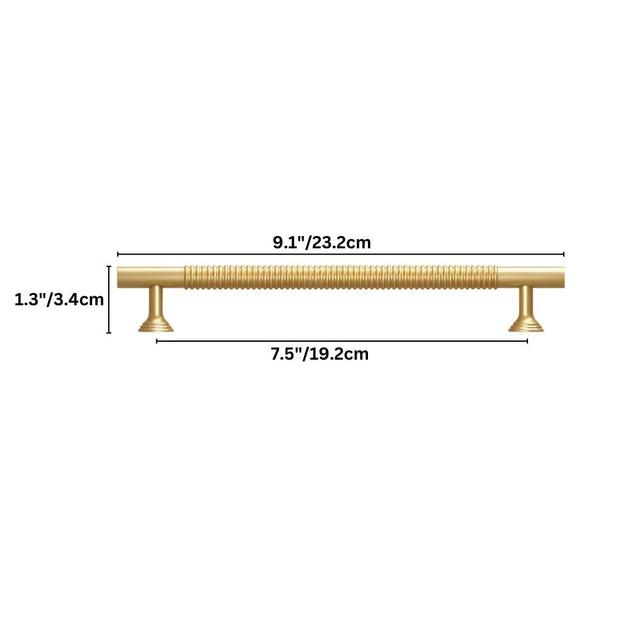 "Solid brass pull bar with a sleek, grooved design and a sturdy base, suitable for cabinets or wardrobes."