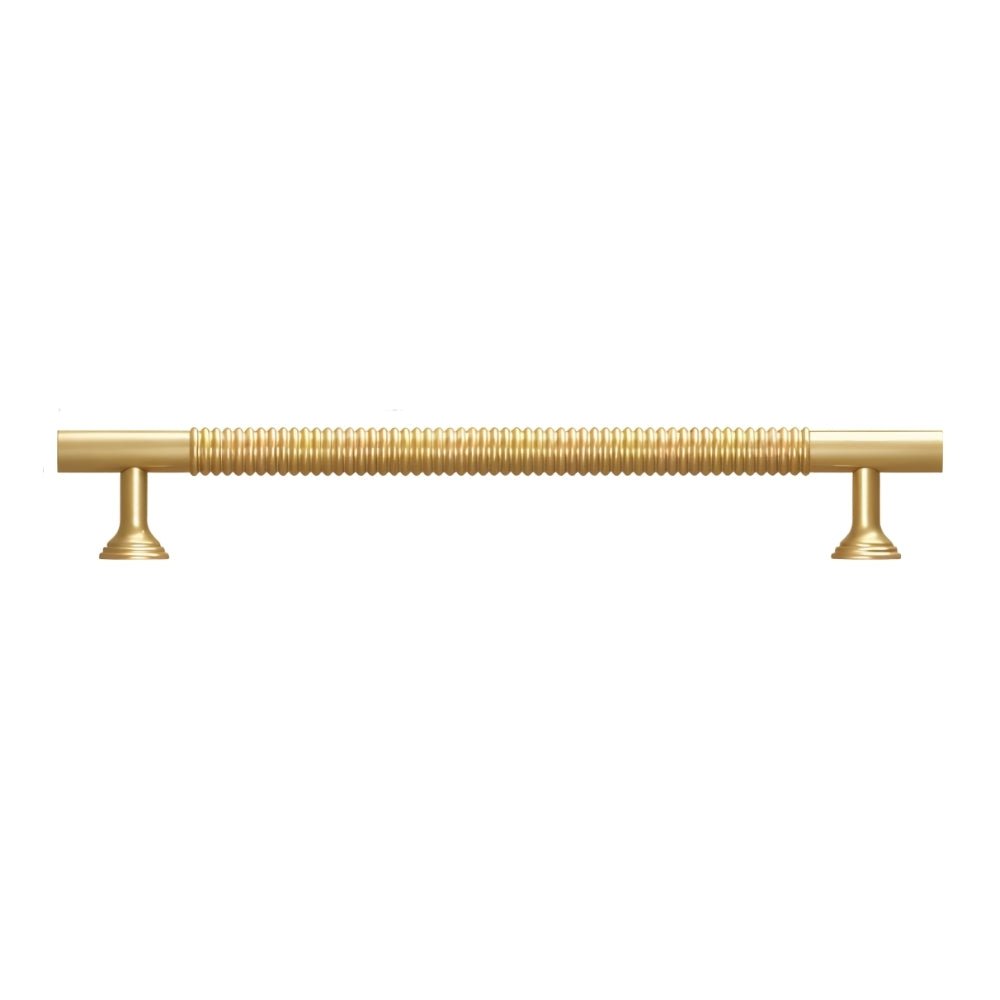 "Long, solid brass pull bar with a sleek, grooved design, suitable for cabinets, wardrobes, or vanities."