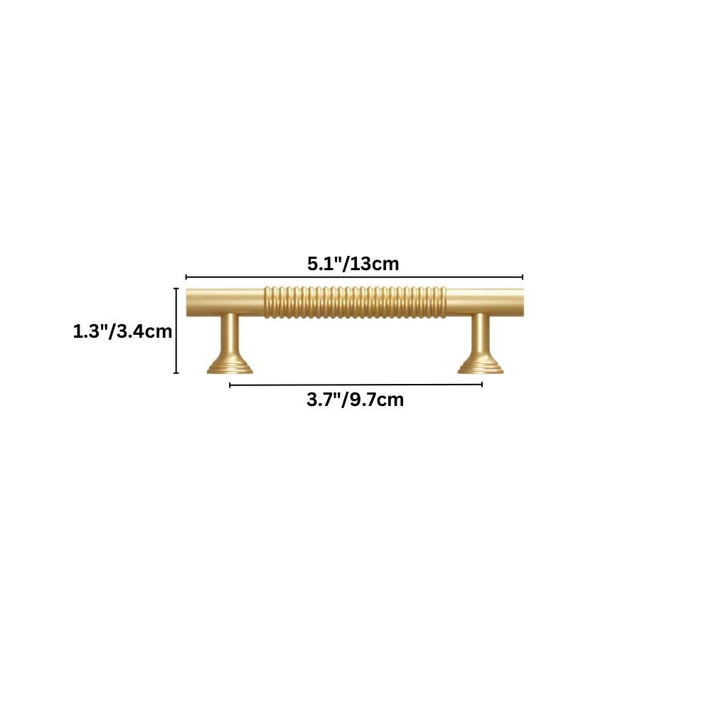 "Dimensions diagram of a small, solid brass pull bar with a grooved design, suitable for cabinets or vanities."