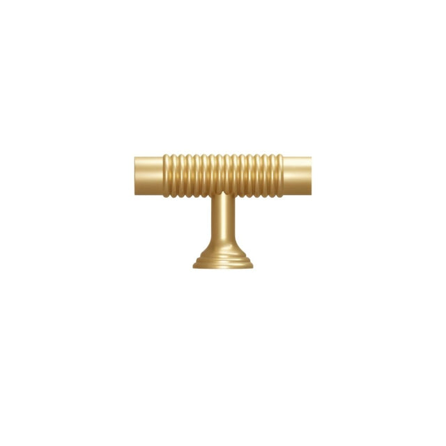 "Solid brass T-bar knob with a sleek, grooved design, suitable for cabinets, wardrobes, or vanities."