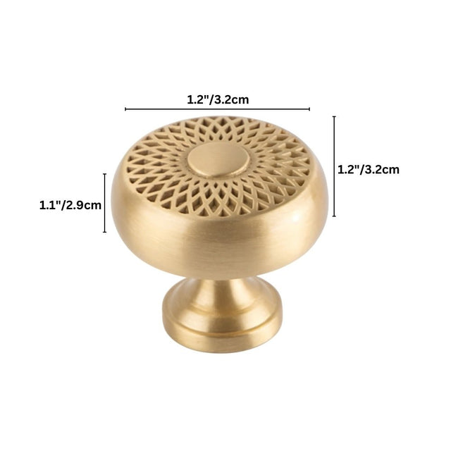 "A gold brass geometric knob with a lattice design, shown with dimensions."