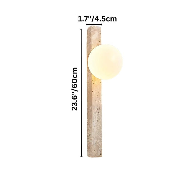 "Dimensions of a minimalist rectangular travertine wall lamp with a frosted globe light: 23.6 inches in height and 1.7 inches in width."