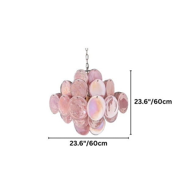 "A modern, round chandelier with cascading pink and iridescent glass discs, shown with dimensions of 23.6 inches in height and 23.6 inches in width."