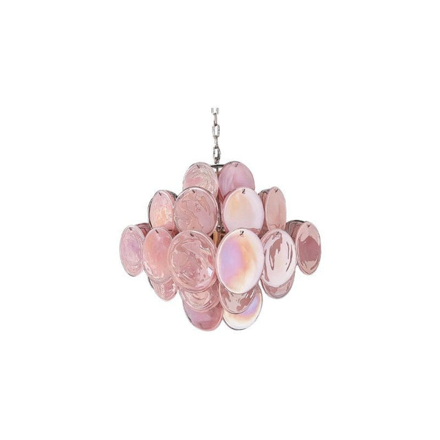 "A modern, round chandelier with cascading pink and iridescent glass discs, suspended by a chain."