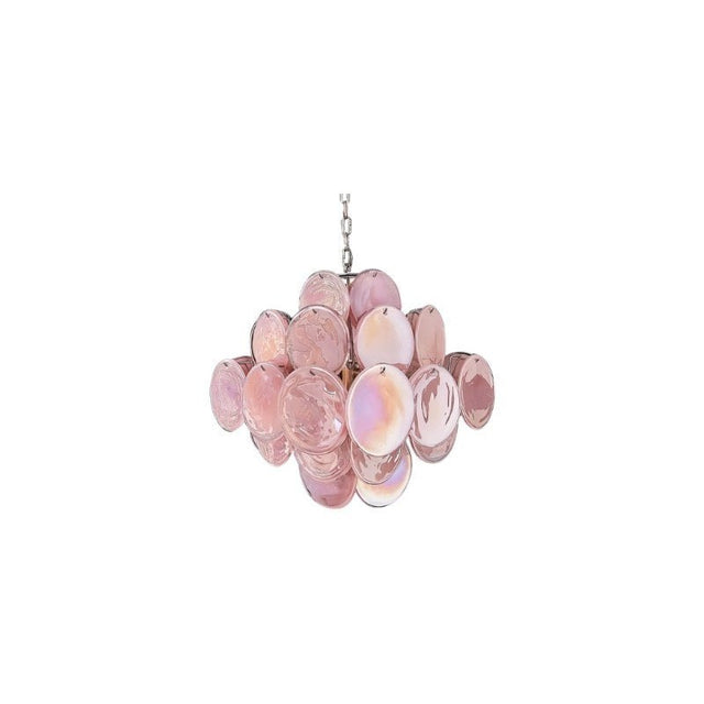 "A modern, round chandelier with cascading pink and iridescent glass discs, suspended by a chain."