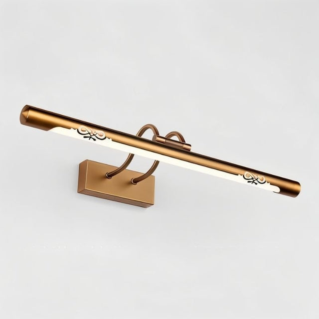 "A copper LED vanity light with decorative cutouts, showcasing its sleek and elegant design."