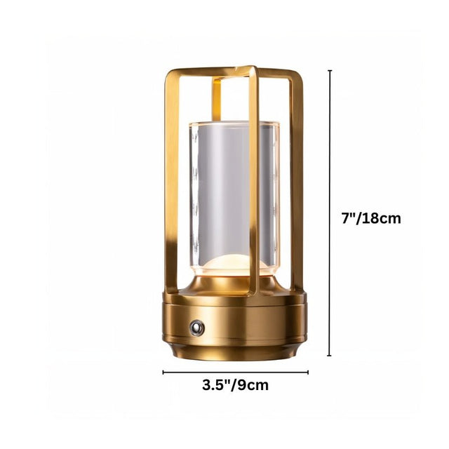 Orena Table Lamp - Sleek Rechargeable Indoor/Outdoor Light in gold with dimensions 7 inches tall and 3.5 inches wide, ideal for compact spaces.