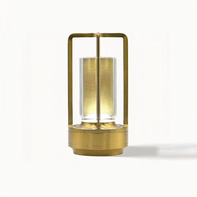 Orena Table Lamp - Sleek Rechargeable Indoor/Outdoor Light in gold finish, highlighting its cylindrical LED core and modern frame.