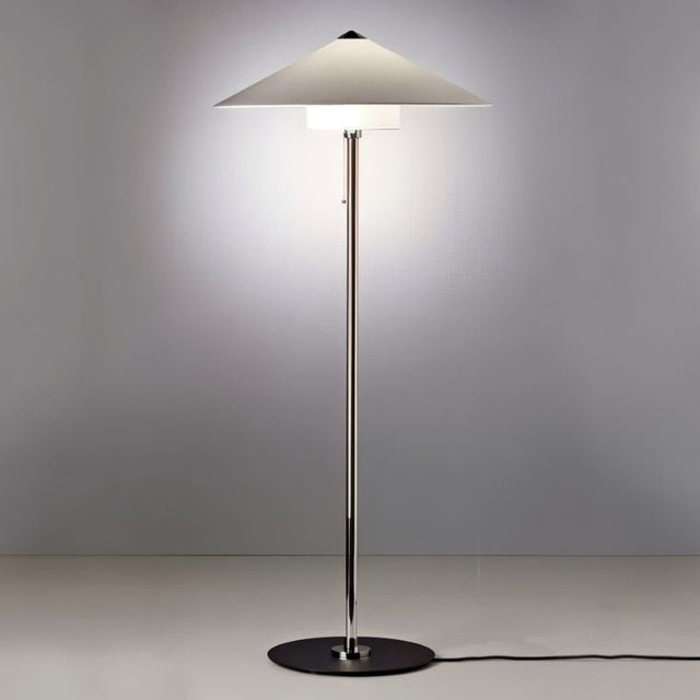 "Oriel floor lamp with a sleek metallic frame, wide conical fabric shade, made from aluminum, iron, and fabric, providing soft, diffused lighting in modern interiors."