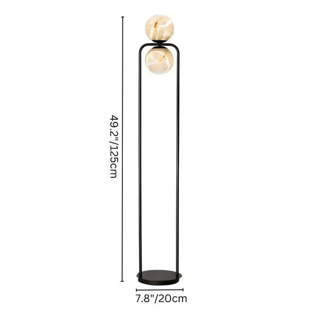 "Ostra floor lamp with dimensions 49.2 inches (125cm) height and 7.8 inches (20cm) base width, featuring two alabaster globes and a minimalist aluminum frame."