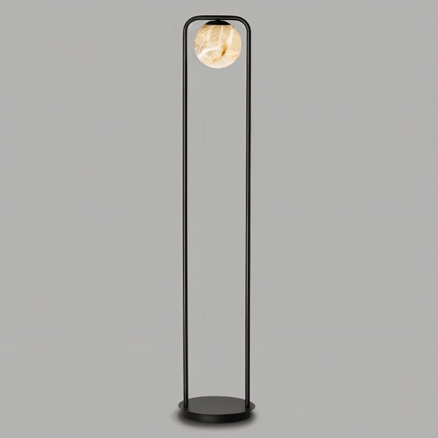 "Minimalist floor lamp with a single alabaster globe, sleek aluminum frame, and stable base, ideal for modern interiors with soft ambient lighting."