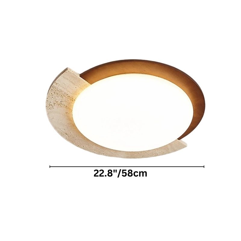 "Dimensions of a wabi-sabi flush mount light with travertine and a white diffuser, showing a width of 22.8 inches."