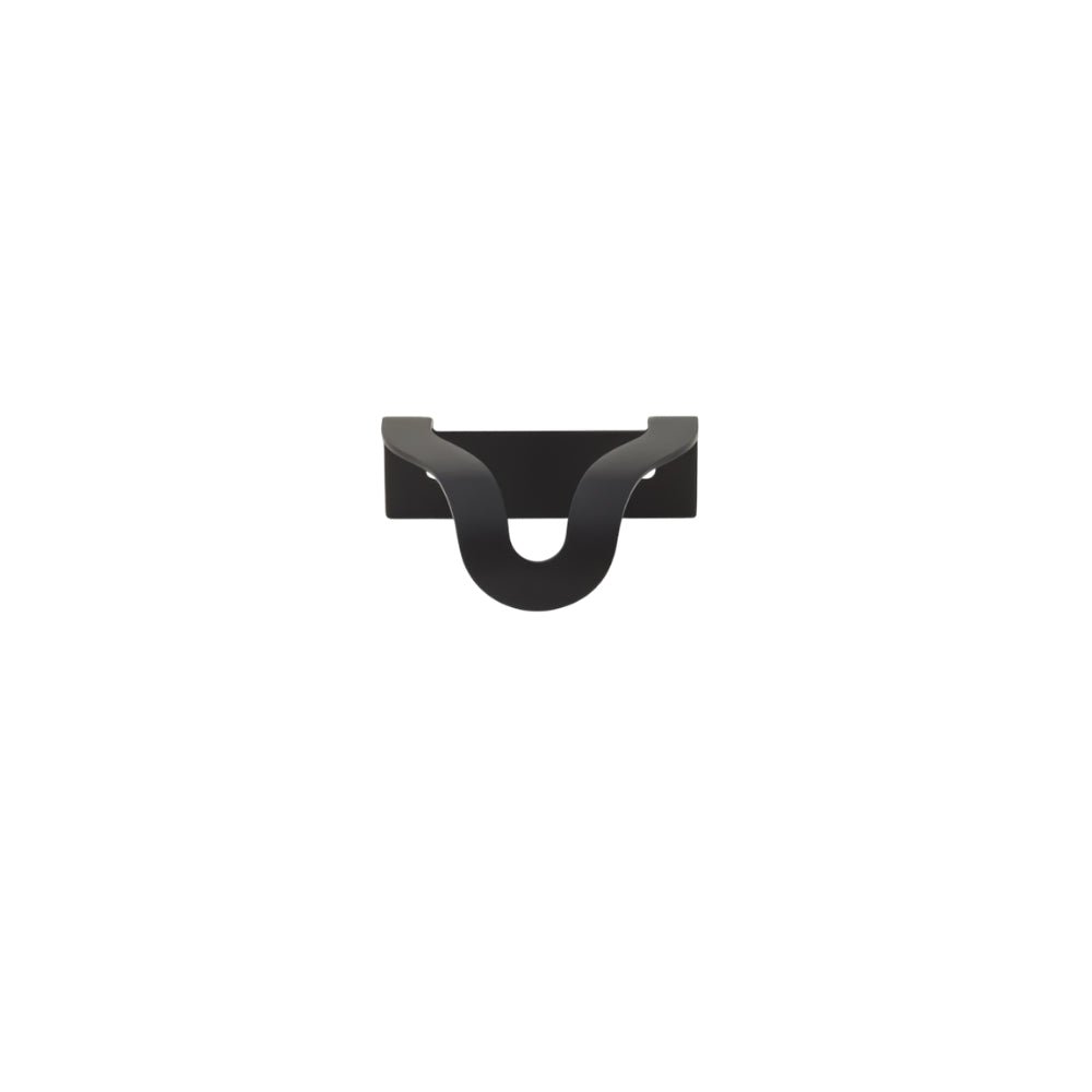 "Front view of a black drawer pull with an elegant, wavy design suitable for modern or transitional interiors."