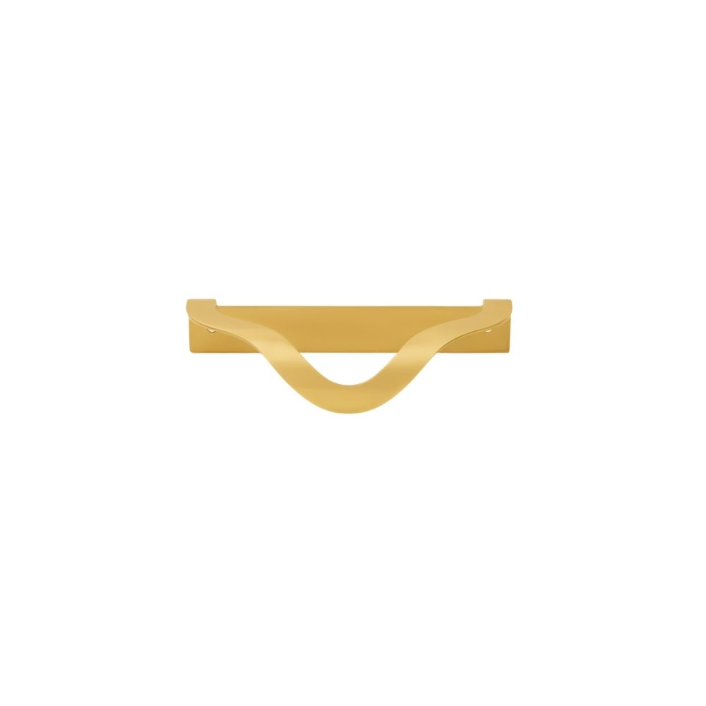 "A brass drawer pull with an elegant, wavy design suitable for modern or transitional interiors."