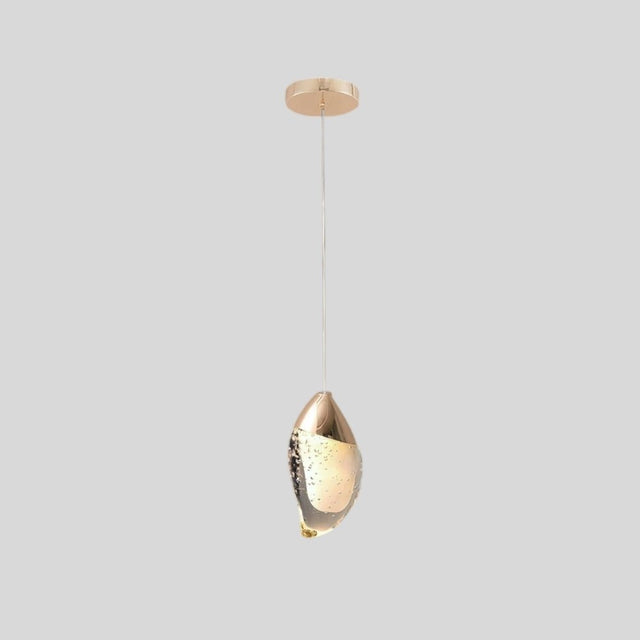 "Modern pendant light with fluid crystal form and metal top, isolated on a white background."