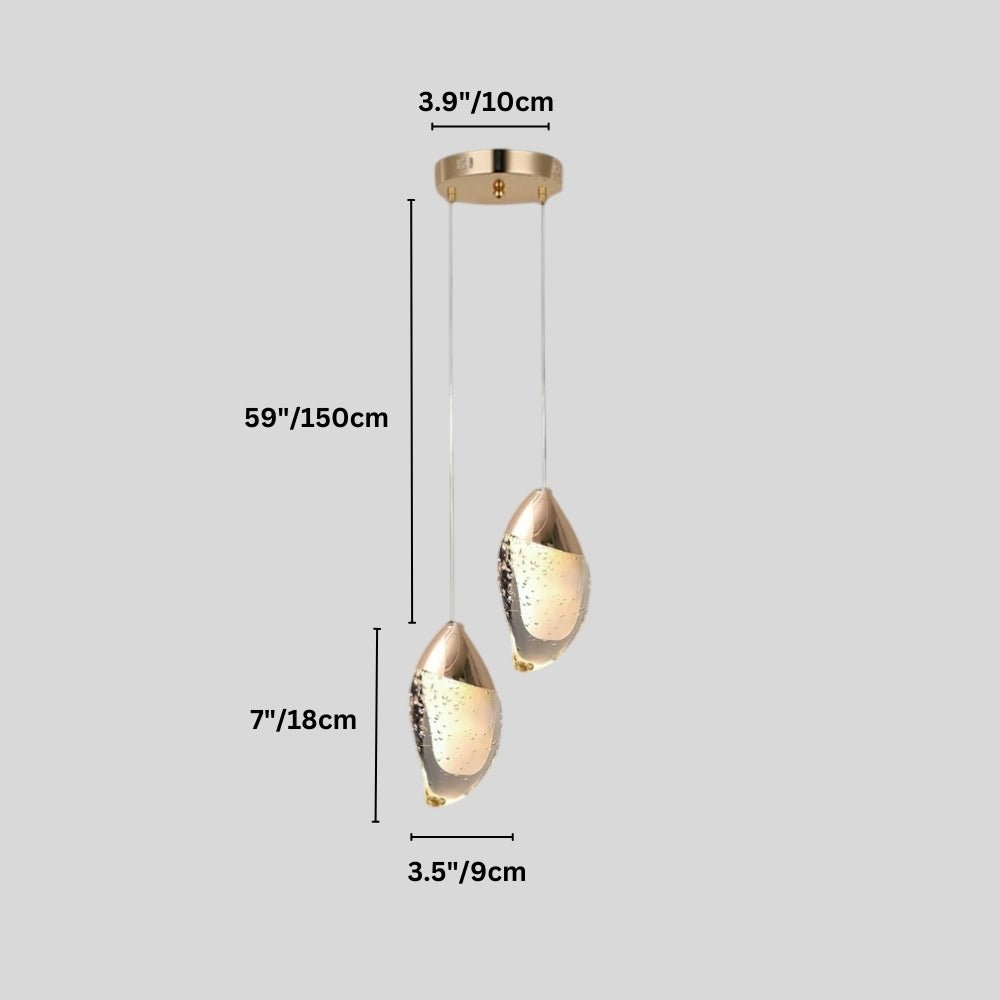 "Dimensions diagram of a pair of modern pendant lights with fluid crystal forms and metal tops."